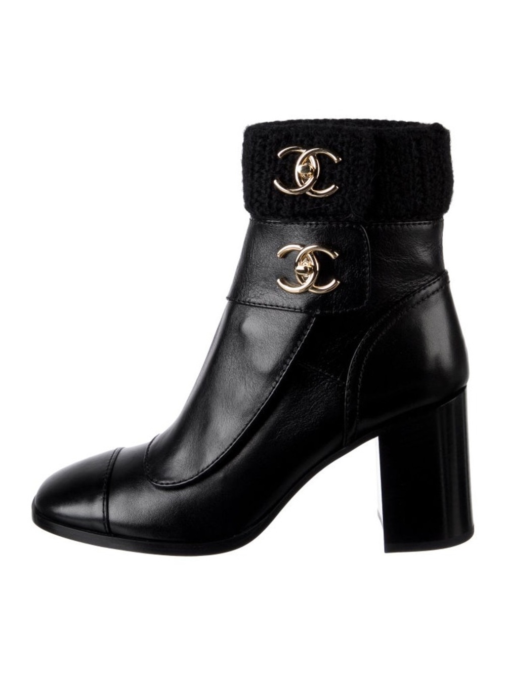 CHANEL Black Leather Ankle Boots with Gold CC Double-Strap
